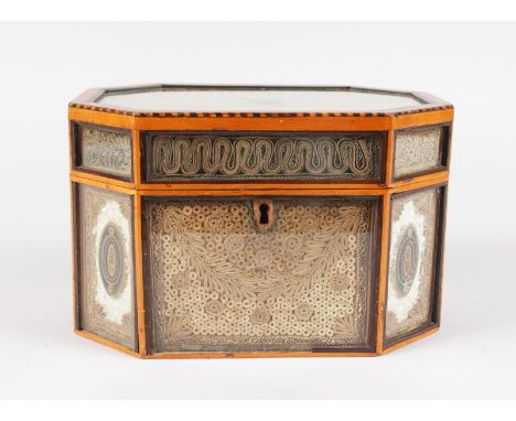 A GOOD GEORGE III ROLLED PAPER TEA CADDY, in a satinwood frame.  7.5ins long.