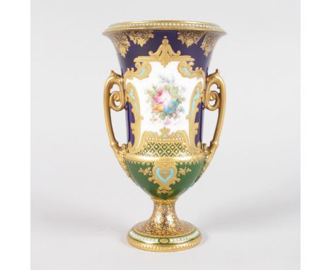 A SMALL ROYAL CROWN DERBY TWO HANDLED URN SHAPED VASE, rich blue and gilt ground, painted with a panel of flowers by LEROY. 5