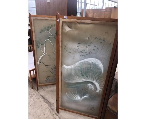 A VINTAGE SILK FOLDING DRESSING SCREEN 