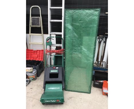 A QUALCAST LAWN RAKER 30 (SOLD AS SEEN) VARIOUS PLANTERS, AN ALLOY EXTENDING LADDER AND A PLASTIC GREENHOUSE. 