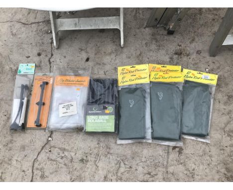VARIOUS RIG WALLET INSERTS, ROLLABALL BAIT ROLLER, ROD PROTECTORS ETC 