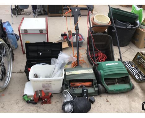A QUALCAST ELECTRIC LAWNMOWER, A BALCK AND DECKER MOSS EATER ELECTRIC LAWNRAKE, A VICE AND A TOOLBOX CONTAINING VARIOUS ITEMS