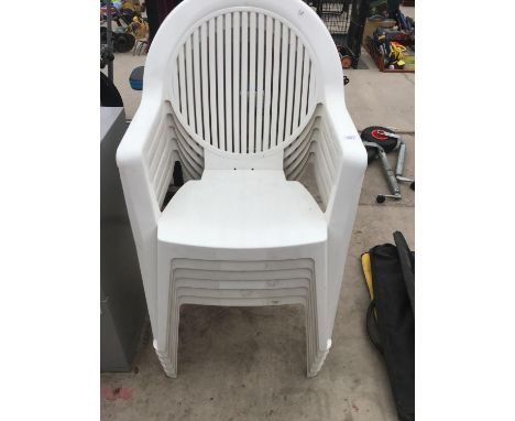SIX WHITE PLASTIC GARDEN STACKING CHAIRS 