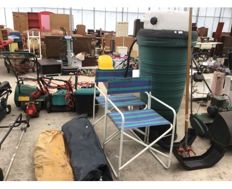 A LARGE GARDENING LOT TO INCLUDE WATER BOWSER AND CARRIER, FOLDING CHAIRS, FRAMES, WEEDER ETC 