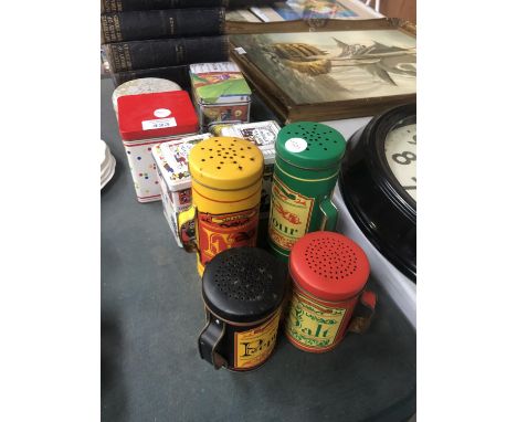A COLELCTION OF TINS TO INCLUDE VINTAGE SALT,PEPPER AND FLOUR SHAKERS 