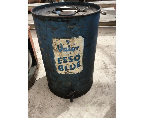 A VINTAGE 'VALOR DRUM ESSO BLUE PARAFFIN' DRUM 