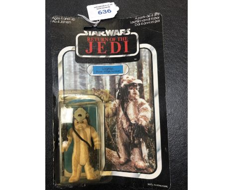 A VINTAGE BOXED STAR WARS LOGRAY EWOK FIGURE STILL ON CARD 