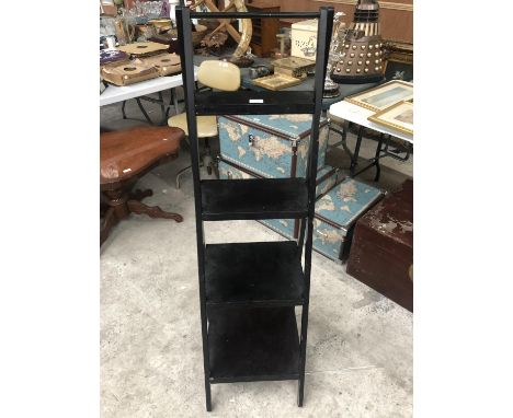 AN ORIENTAL BLACK WOODEN FOLDING FOUR STEP LADDER 