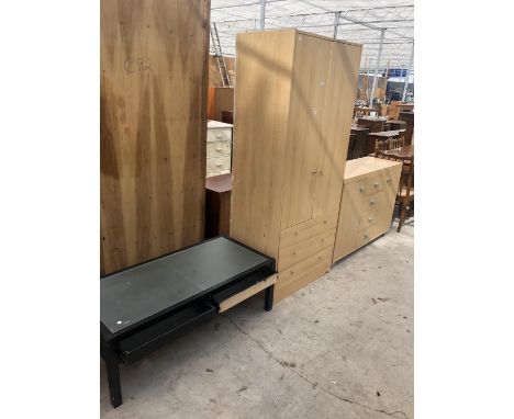 A LIGHT OAK EFFECT WARDROBE, MATCHING CHEST OF DRAWERS AND MODERN TV UNIT (3) 