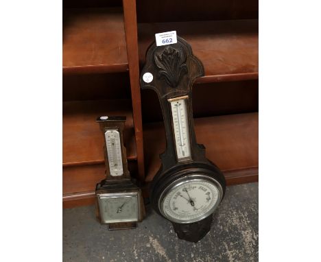 TWO VINTAGE OAK FRAMED BAROMETERS 