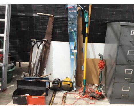 THREE SPADES, A FORK, A TWO MAN CROSS CUT SAW,  AND THREE TOOL BOXES WITH CONTENTS 