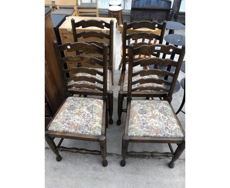 A SET OF FOUR LADDER BACK CHAIRS WITH UPHOLSTERED SEATS 
