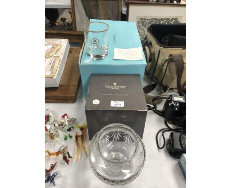 A BOX OF 'TIFFANY AND CO' DRINKING GLASSES AND WATERFORD CRYSTAL ITEM 