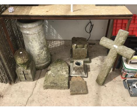 VARIOUS GARDEN ORNAMENTS TO INCLUDE A CHIMNEY POT, HEDGEHOG, CROSS ETC 