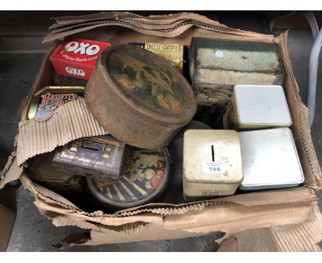A LARGE BOX OF ASSORTED VINTAGE TINS, OXO ETC 