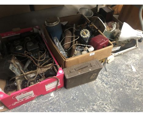 THREE BOXES AND CONTENTS TO INCLUDE VINTAGE PHONE, LAMP ETC 