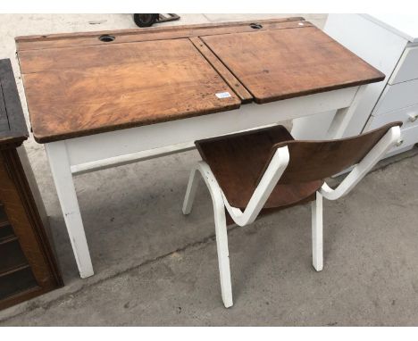 A VINTAGE SCHOOL DOUBLE DESK AND CHAIR 