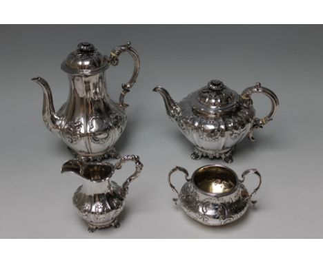 A MATCHED HALLMARKED SILVER FOUR PIECE TEA & COFFEE SERVICE, various dates and makers, all late Georgian - early Victorian, a
