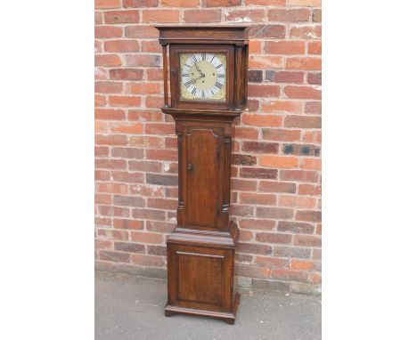 AN EARLY 19TH CENTURY OAK CASED GRANDMOTHER CLOCK, with triple fusee movement, striking on eight bells, and an hourly strike 
