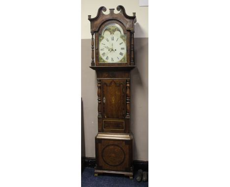 A 19TH CENTURY OAK AND MAHOGANY LONGCASE CLOCK WITH EIGHT DAY MOVEMENT, the painted dial with moon rolling mechanism, maker's