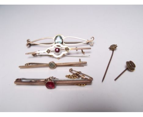 THREE 9CT GOLD GEM SET BAR BROOCHES, together with another gold bar brooch stamped 15ct, two Edwardian type pendants and two 