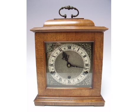 A MID 20TH CENTURY BRACKET CLOCK RETAILED BY GOLDSMITHS AND SILVERSMITHS OF LONDON, 6" squared brass dial with silvered chapt