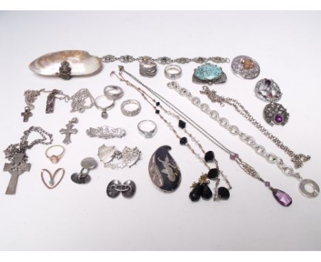 A COLLECTION OF SILVER AND VINTAGE COSTUME JEWELLERY, comprising a selection of brooches and necklaces etc., including a pair