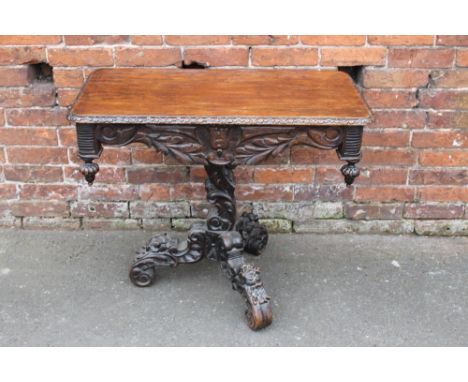 A 19TH CENTURY OAK CARVED RECTANGULAR SIDE TABLE, raised on a shaped carved column and tripod support, H 76 cm, W 92 cm  S/D 