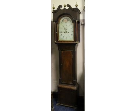A 19TH CENTURY OAK AND MAHOGANY LONGCASE CLOCK WITH EIGHT DAY MOVEMENT, the painted face with moon rolling mechanism, bearing