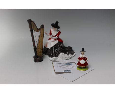 A ROYAL DOULTON PRESTIGE FIGURINE Y GYMRAES - WELSH LADY 'TELYNORES' HN 4968, with harp, together with an Arora enamel trinke