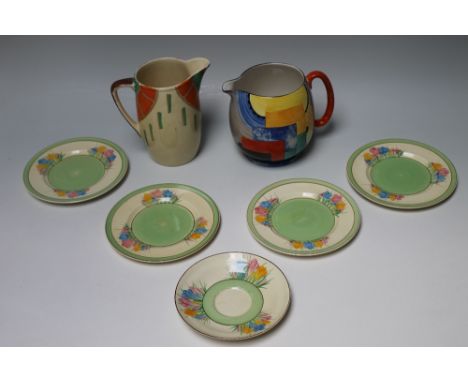 CLARICE CLIFF - FOUR 'SPRING' SIDE PLATES AND A SAUCER, all Newport pottery, together with a Deco style Myott jug and a Deco 