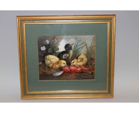 A CONTINENTAL PORCELAIN RECTANGULAR PLAQUE, depicting chicks feeding on a lobster, gilt framed, bearing light surface scratch
