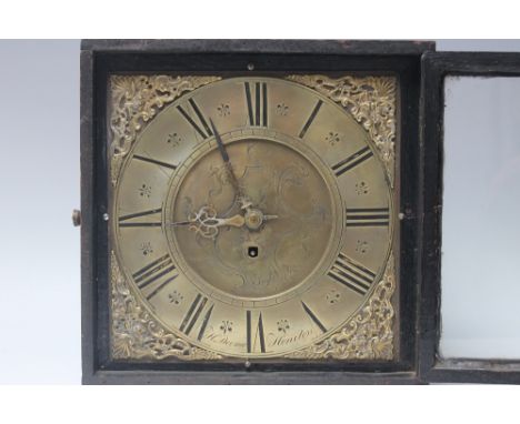 A 'H.DEEME - HONITON' 10" BRASS LONGCASE CLOCK FACE, housed in an ebonised case with loop handle Buyers - for shipping pricin