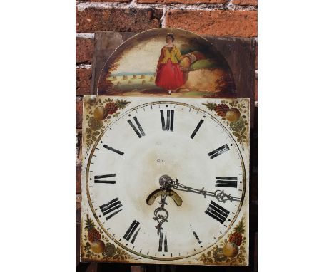 A 19TH CENTURY OAK AND MAHOGANY LONGCASE CLOCK WITH THIRTY HOUR MOVEMENT, the 12" painted dial with harvest scene to arch and