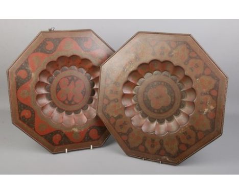 Two large octagonal Eastern brass chargers with enamel decoration. Diameter 40cm.  