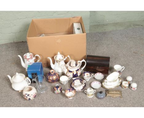 A box of mostly assorted named ceramics to include Wilton Ware, Royal Albert, Portmeirion, tea caddy for repair, Dartington t