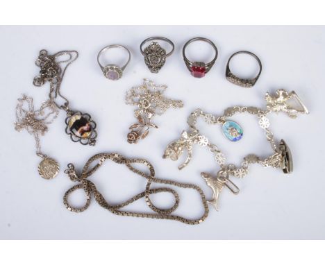 A good collection of silver jewellery to include charm bracelet, Blue John pendant on chain, four rings, St. Christopher pend