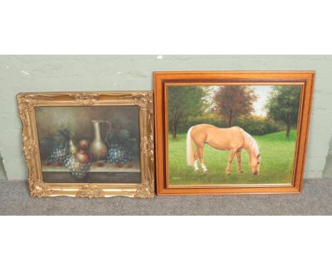 Two framed oil on canvas' to include still life of fruit signed M. Santin and portrait of a horse signed Daniel to lower left