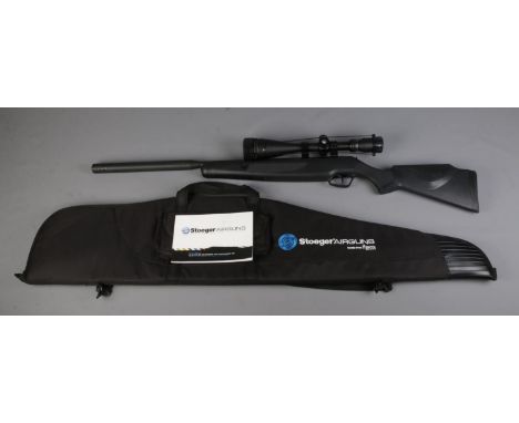 A Stoeger X20 .22cal break barrel air rifle, with upgraded Hawke 16x50 telescopic sight. Accompanied by branded gun case and 