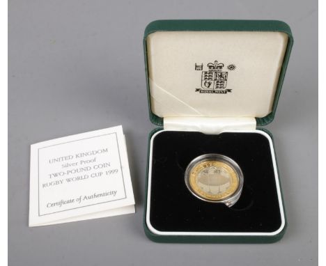 Royal Mint, 1999 silver proof piedfort 'Rugby World Cup' two pound coin, boxed with certificate.  