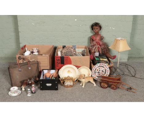 Three boxes of assorted miscellaneous, to include AJ Wilkinson 'Honeyglaze' part dinner service, Action Man figures, camera e