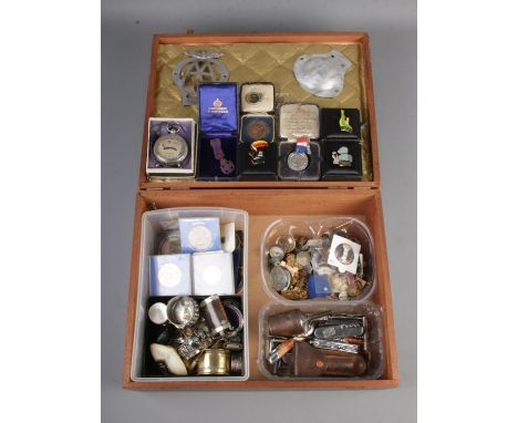 A case of mixed collectables including coinage, metal trinket boxes, various pin badges and medals, penknives, voltmeter etc 