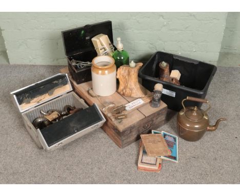 A mixed lot of collectables including vintage phone, wooden box with enamel volts danger plaque, soda syphon, cigarette cards