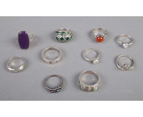 A collection of ten silver rings 53.1g  