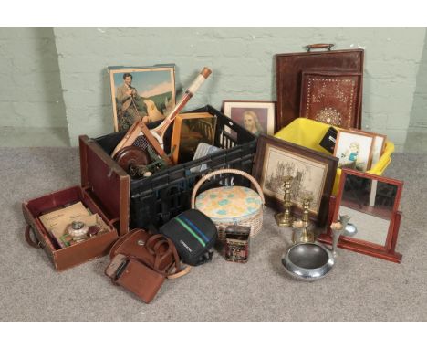 Two boxes of mixed collectables including vintage tins, binoculars, vintage tennis racket, wooden trays including bone inlay 