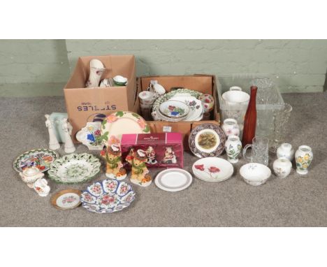 Three boxes of assorted items, to include Spode Campanula vase and bowl, Portmeirion and boxed set of three Royal Albert Chri