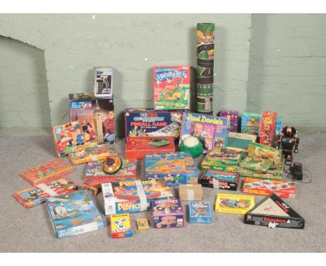 A large assortment of vintage toys and games, to include Chad Valley Escalado, jigsaw puzzles, Brio wooden railway set and ca