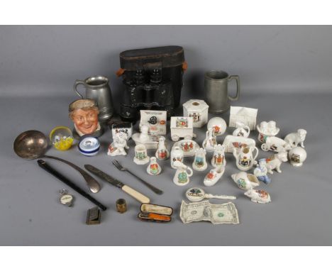 A quantity of assorted collectables to include good collection of crested ware, silver plated ladle, two glass paperweights, 