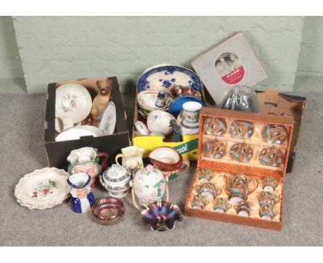Three boxes of mixed collectables including foreign ceramics, carnival glass, character jugs, Falcon Ware, Pifco vacuum clean