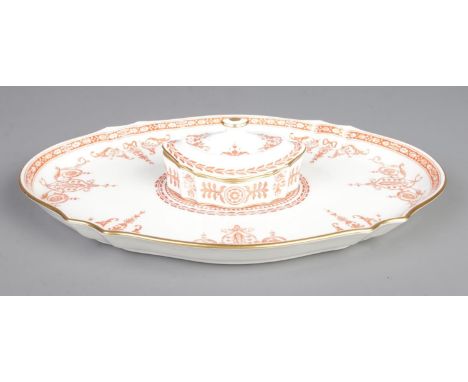 A Wedgwood ceramic dressing table tray, with a small lidded trinket dish of similar pattern. The tray depicts cherubs to the 